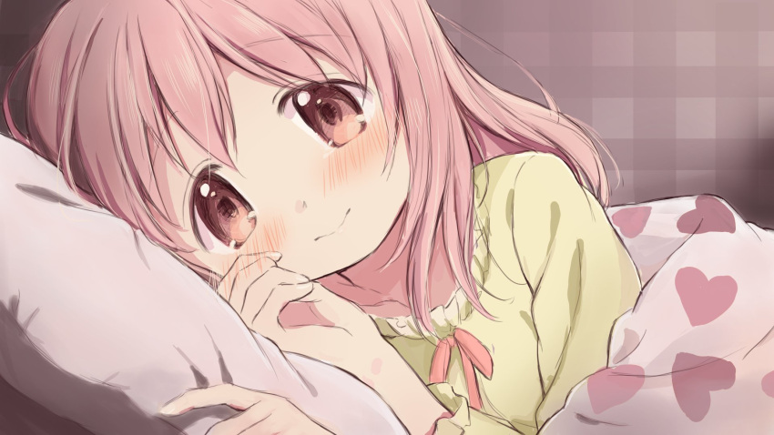 1girl, bed, bed_sheet, bedroom, blush, blush_visible_through_hands, closed_mouth, collarbone