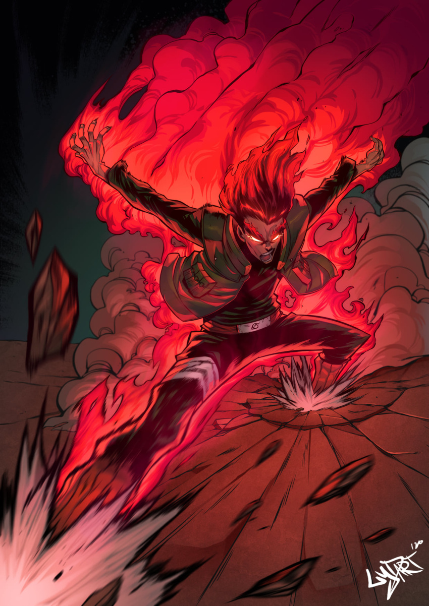 1boy, arms_up, artist_name, aura, bandaged_leg, bandages, cracked_ground, debris, dust, fiery_hair, glowing, glowing_eyes, green_shirt, green_vest, highres, konohagakure_symbol, leg_warmers, lydart_mclo, male_focus, might_guy, naruto_(series), naruto_shippuuden, open_clothes, open_mouth, open_vest, shirt, solo, teeth, thick_eyebrows, vest