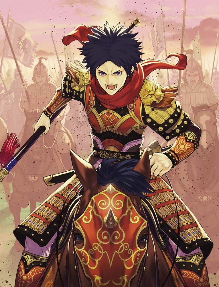 1boy, armor, black_hair, chinese_armor, flag, fumikazu, holding, holding_weapon
