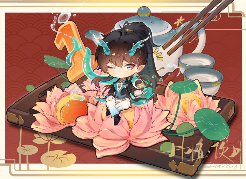 1boy, black_footwear, black_hair, blue_eyes, chibi, chinese_clothes, chopsticks, crossed_legs