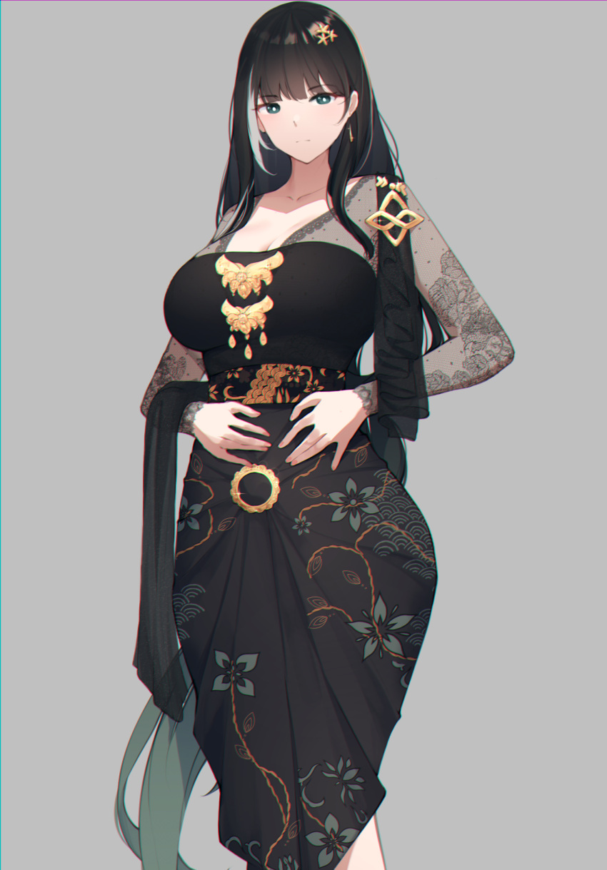 1girl, baizhi_(wuthering_waves), batik, black_hair, breasts, earrings, gold_earrings, hair_ornament