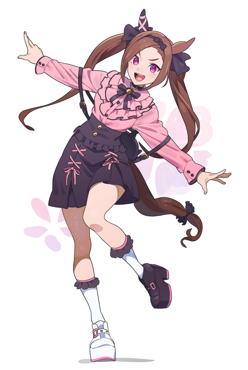 1girl, :d, absurdres, alternate_costume, alternate_hairstyle, animal_ears, asymmetrical_footwear, black_footwear