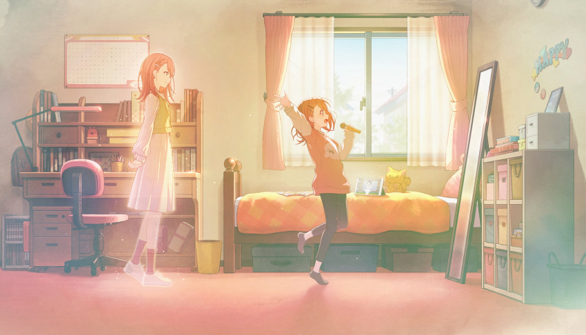 2girls, aged_down, ankle_socks, arm_up, arms_behind_back, backpack, bag, basket