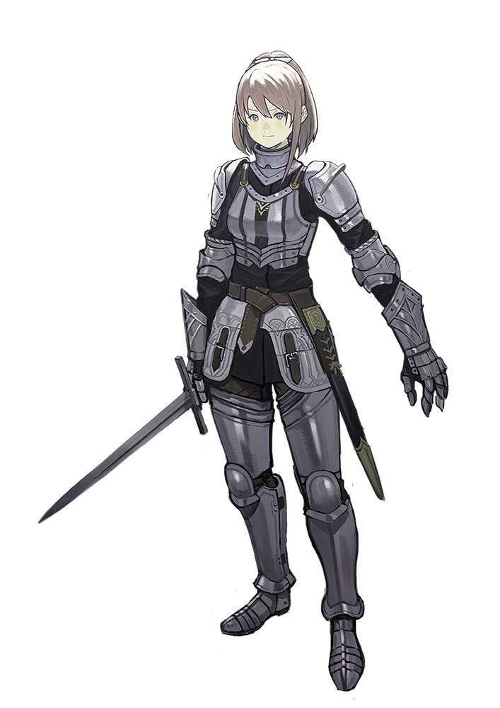 1girl, armor, armored_boots, blue_eyes, boots, closed_mouth, full_armor, full_body, fumikazu, holding, holding_sword, holding_weapon, looking_at_viewer, original, ponytail, sheath, simple_background, solo, sword, weapon, white_background