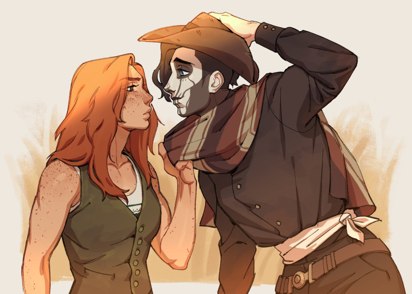 2girls, adjusting_clothes, adjusting_headwear, androgynous, black_pants, black_shirt, blue_eyes, brown_background, brown_eyes, brown_hat, closed_mouth, commission, cowboy_hat, eye_contact, facepaint, freckles, from_side, gideon_nav, green_vest, harrowhark_nonagesimus, hat, height_difference, highres, lady_santos, long_hair, looking_at_another, multiple_girls, orange_hair, pants, scarf_grab, shirt, shirt_tucked_in, skull_facepaint, tank_top, the_locked_tomb, toned_female, upper_body, vest, wavy_hair, white_tank_top, yuri