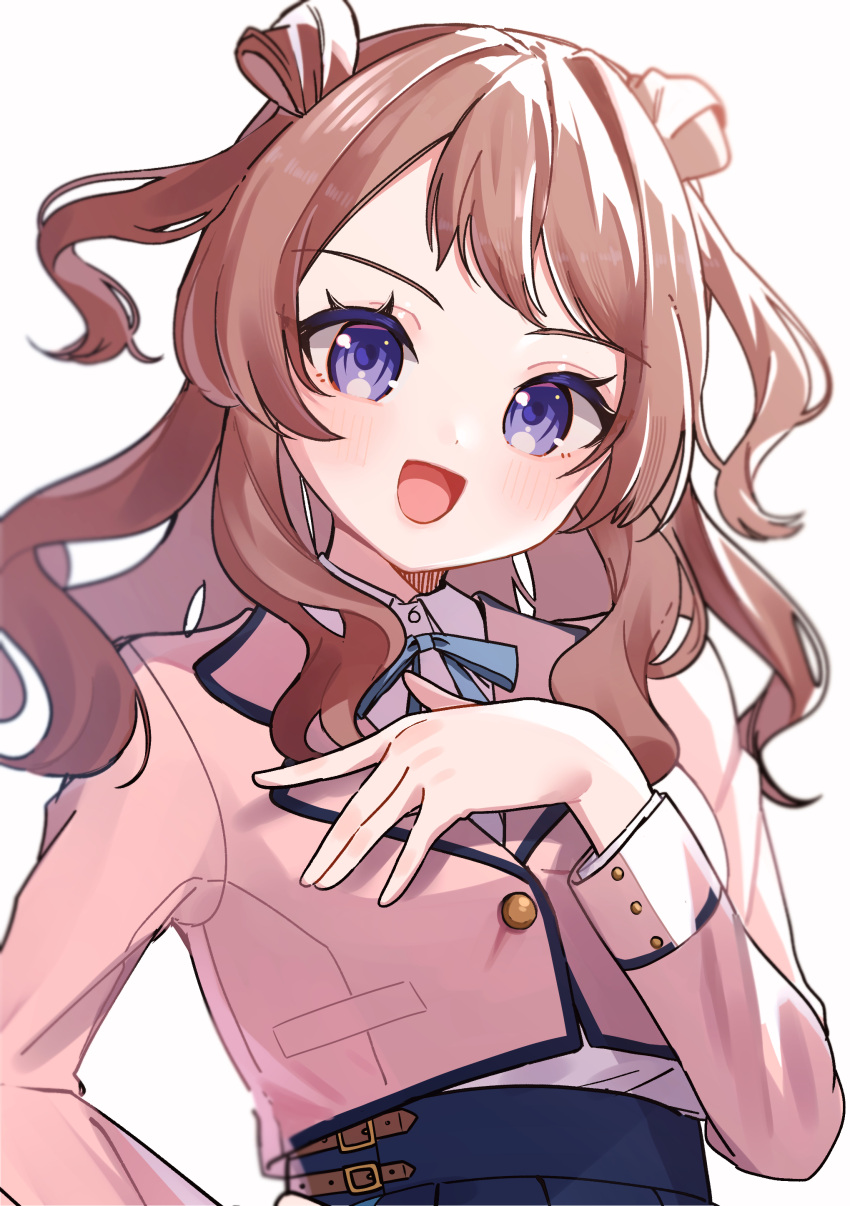 1girl, absurdres, blazer, blue_overskirt, blue_ribbon, blush, brown_hair, brown_jacket