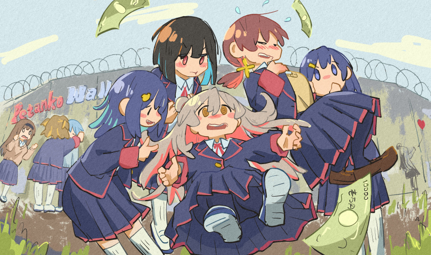 6+girls, :t, @_@, absurdres, aqua_hair, banknote, barbed_wire, black_hair