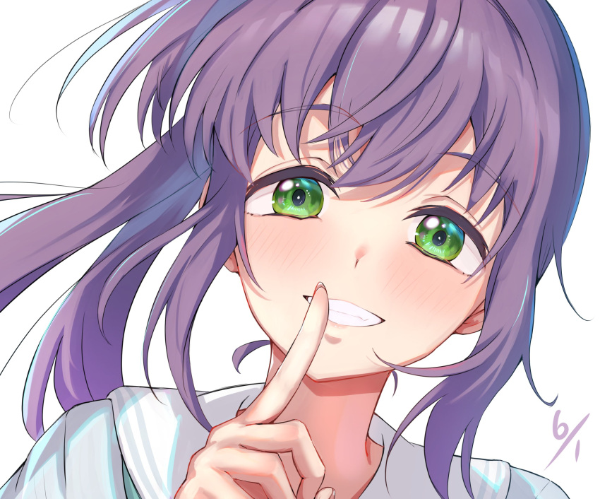 1girl, blush, commentary_request, dated, dress, finger_to_mouth, green_eyes, hasu_no_sora_school_uniform