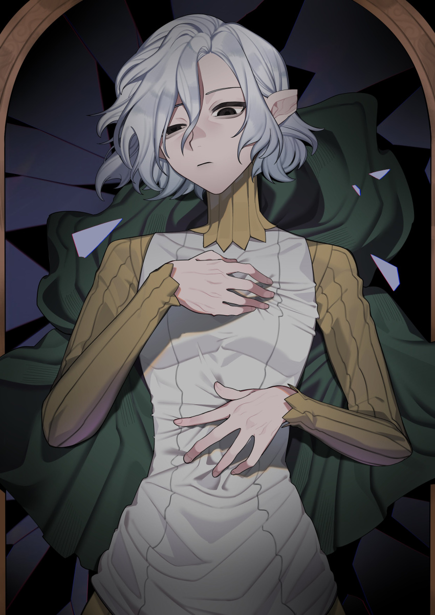 1boy, absurdres, bags_under_eyes, baiyue, black_eyes, broken_glass, broken_mirror, cloak