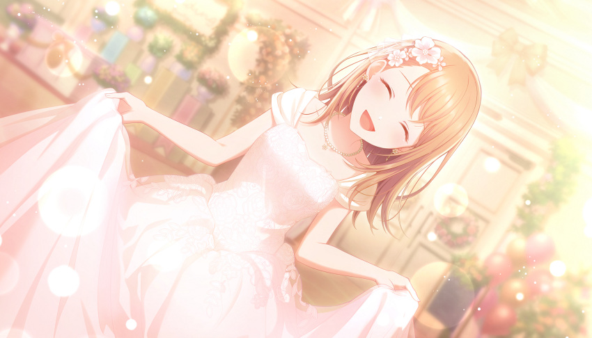 1girl, ^_^, balloon, ballroom, bare_arms, blurry, blurry_background, bokeh, bouquet, breasts, brown_hair, bunting, closed_eyes, collarbone, colorful_palette, dangle_earrings, decorations, depth_of_field, door, door_handle, dot_nose, dress, dutch_angle, earrings, eyelashes, facing_viewer, floral_print, flower, flower_earrings, flower_necklace, flower_wreath, game_cg, hair_behind_ear, hair_flower, hair_ornament, hanasato_minori, hands_up, happy, head_tilt, highres, indoors, jewelry, laughing, light_blush, light_particles, long_dress, medium_breasts, medium_hair, minna_de_haishin_wedding_live!_(project_sekai), necklace, official_art, open_mouth, orange_flower, pearl_necklace, pillar, pink_flower, project_sekai, red_flower, ribbon, rose_print, skirt_hold, sleeveless, sleeveless_dress, solo, swept_bangs, third-party_source, upper_body, vase, white_dress, white_flower, wreath, yellow_ribbon
