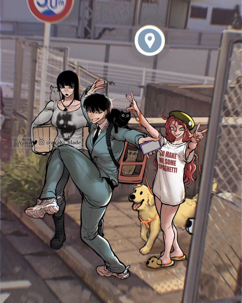 3girls, 5others, animal, animal_on_shoulder, ayaki_blade, backpack, bag, biceps