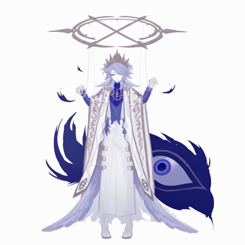 1boy, adapted_costume, blue_shirt, boots, coat, colored_skin, crown, ena_(honkai:_star_rail), grey_hair, hands_up, head_wings, highres, honkai:_star_rail, honkai_(series), jewelry, long_sleeves, medium_hair, necklace, puppet_strings, sakanadeeznutz, shirt, simple_background, solo, sunday_(honkai:_star_rail), white_background, white_coat, white_footwear, white_skin, wide_sleeves, wings