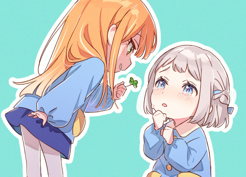 2girls, aged_down, clover, commentary_request, crying, crying_with_eyes_open, dot_nose, four-leaf_clover