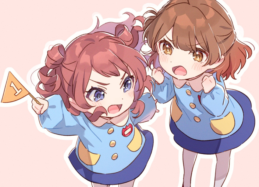 2girls, aged_down, blue_eyes, brown_eyes, brown_hair, commentary_request, dot_nose, gakuen_idolmaster