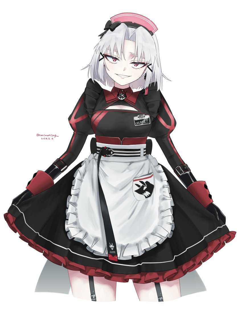 1girl, absurdres, alternate_costume, apron, black_bow, bow, breasts, cleavage_cutout