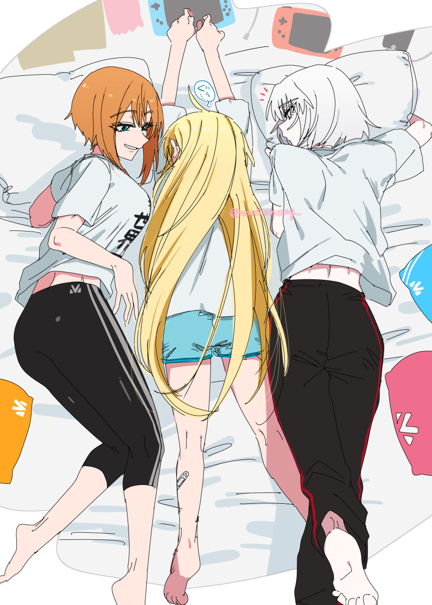 3girls, absurdres, ahoge, alternate_costume, bandaid, bandaid_on_leg, barefoot, black_pants