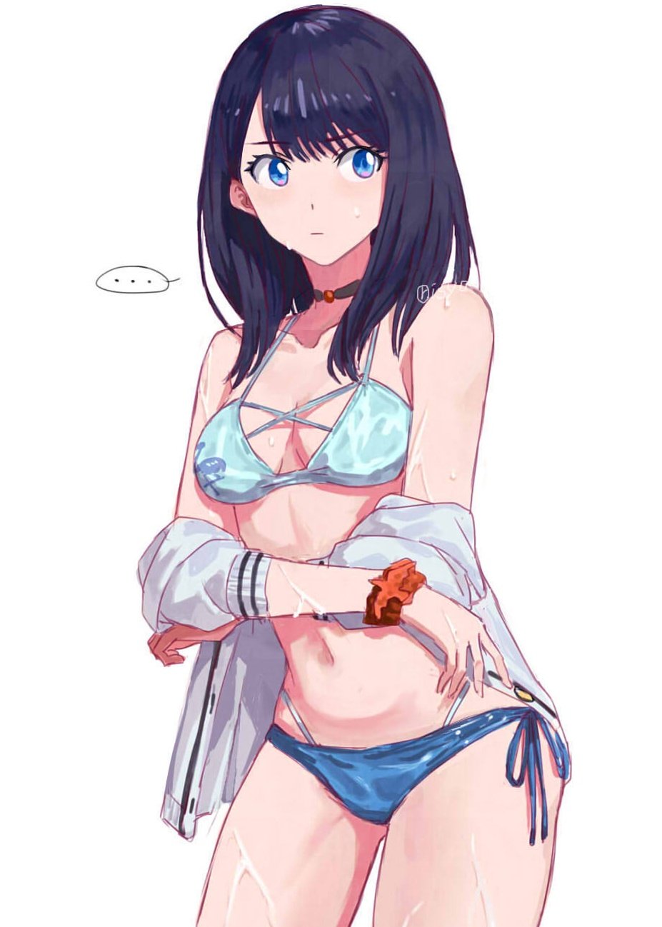1girl, ass_visible_through_thighs, bikini, black_hair, blue_bikini, blue_eyes, breasts, closed_mouth, crossed_arms, gridman_universe, groin_tendon, highres, jewelry, long_hair, long_sleeves, necklace, risyo, school_uniform, scrunchie, solo, ssss.gridman, swimsuit, takarada_rikka, thighs, wrist_scrunchie