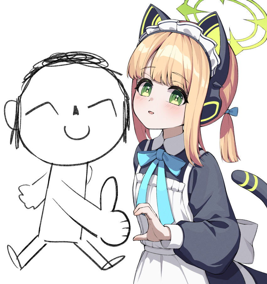 1boy, absurdres, animal_ear_headphones, animal_ears, apron, black_dress, blonde_hair, blue_archive