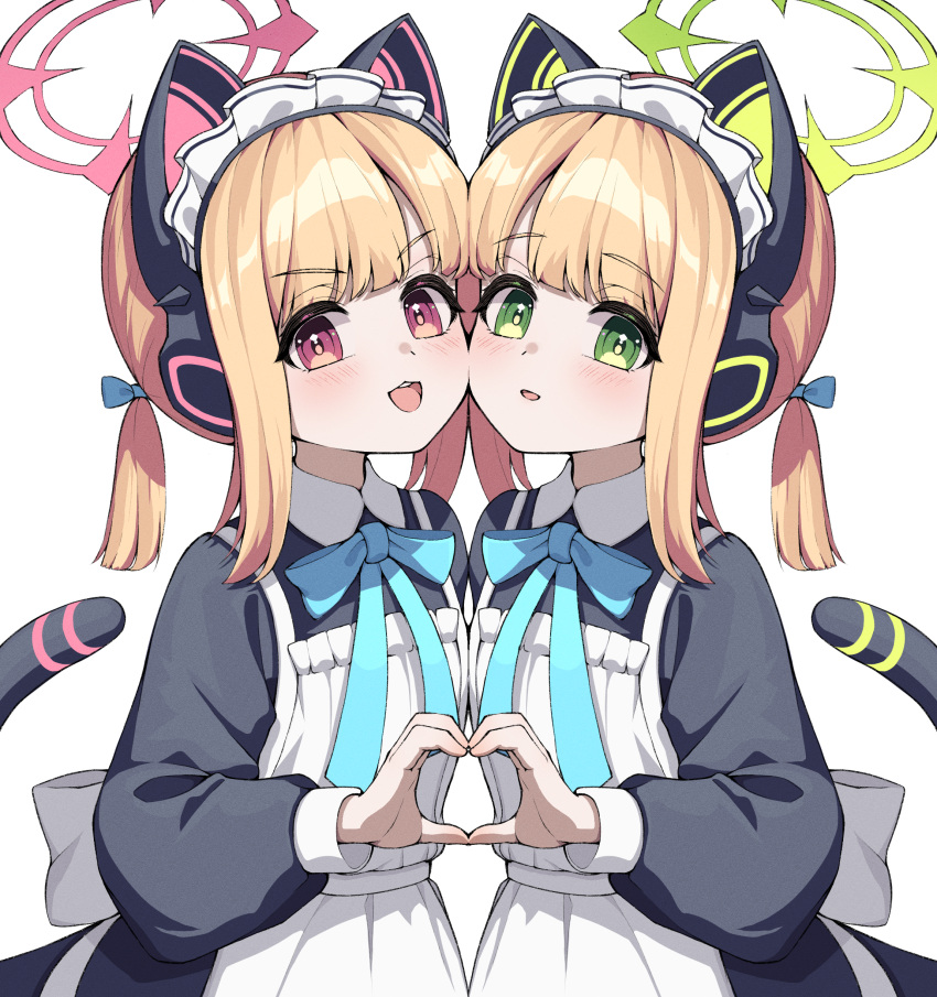 2girls, absurdres, animal_ear_headphones, animal_ears, apron, black_dress, blonde_hair, blue_archive