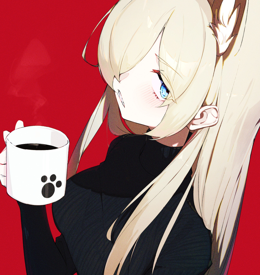 1girl, alternate_costume, animal_ear_fluff, animal_ears, black_sweater, blonde_hair, blue_archive, blue_eyes, breasts, clenched_teeth, coffee, cup, extra_ears, hair_over_one_eye, highres, holding, holding_cup, kanna_(blue_archive), karasuri, large_breasts, long_hair, long_sleeves, looking_at_viewer, red_background, sharp_teeth, simple_background, solo, sweater, teeth, turtleneck, turtleneck_sweater, upper_body