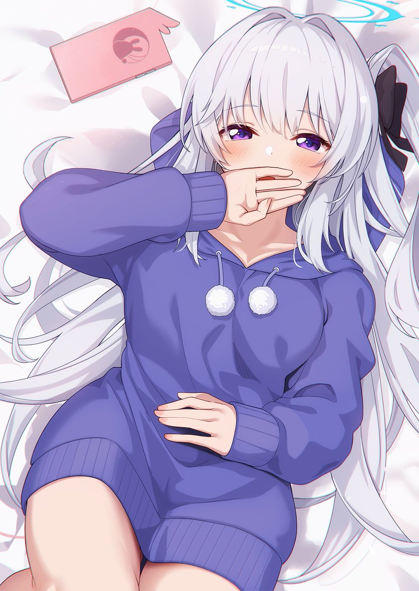 1girl, bed_sheet, blue_archive, blue_halo, blue_hoodie, blush, breasts, cellphone