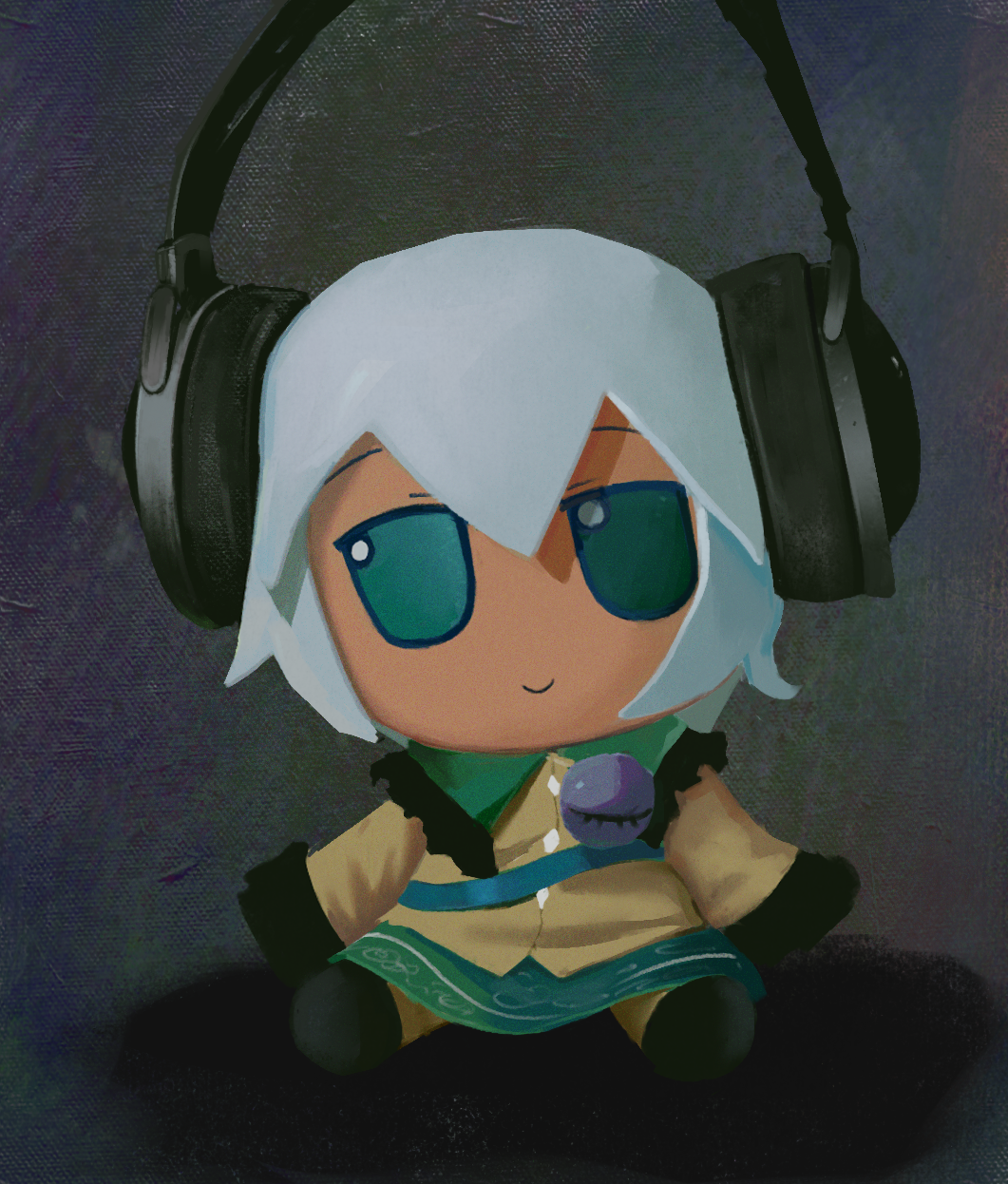 1girl, chibi, closed_mouth, full_body, fumo_(doll), green_eyes, green_skirt, grey_hair, guoqu_zhi_hua, headphones, highres, komeiji_koishi, long_sleeves, shirt, short_hair, sitting, skirt, smile, solo, touhou, yellow_shirt