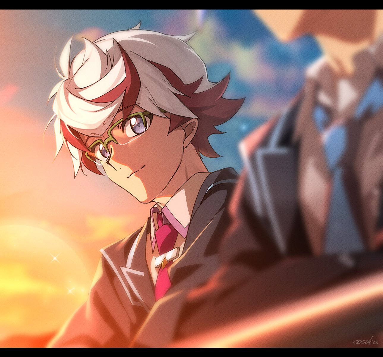 2boys, black_jacket, blue_eyes, blue_necktie, blurry, blurry_background, blurry_foreground, brown_hair