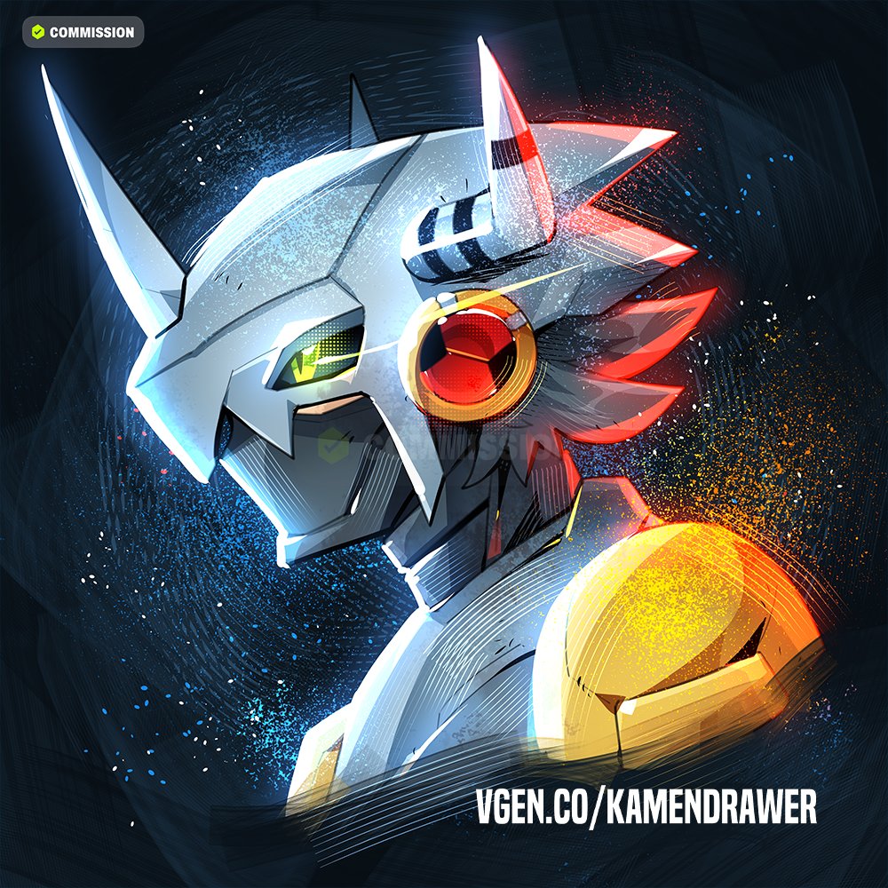 1boy, ashmish, black_hair, commission, cosplay, digimon, eye_trail, from_side, glowing, glowing_eyes, green_eyes, helmet, horns, light_trail, male_focus, mask, mega_man_(series), mega_man_battle_network_(series), megaman.exe, mouth_mask, profile, slit_pupils, solo, upper_body, vgen_commission, wargreymon, wargreymon_(cosplay)
