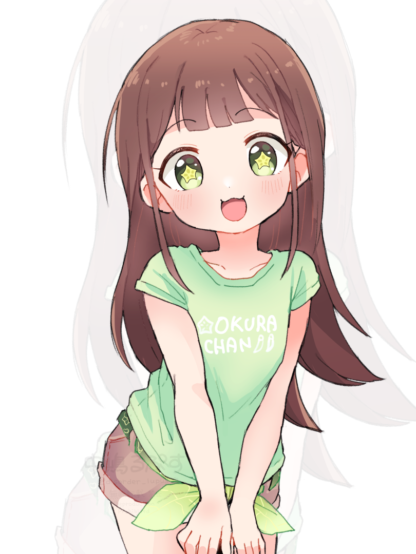 1girl, blush, borrowed_character, brown_hair, brown_shorts, character_name, clothes_writing, green_eyes