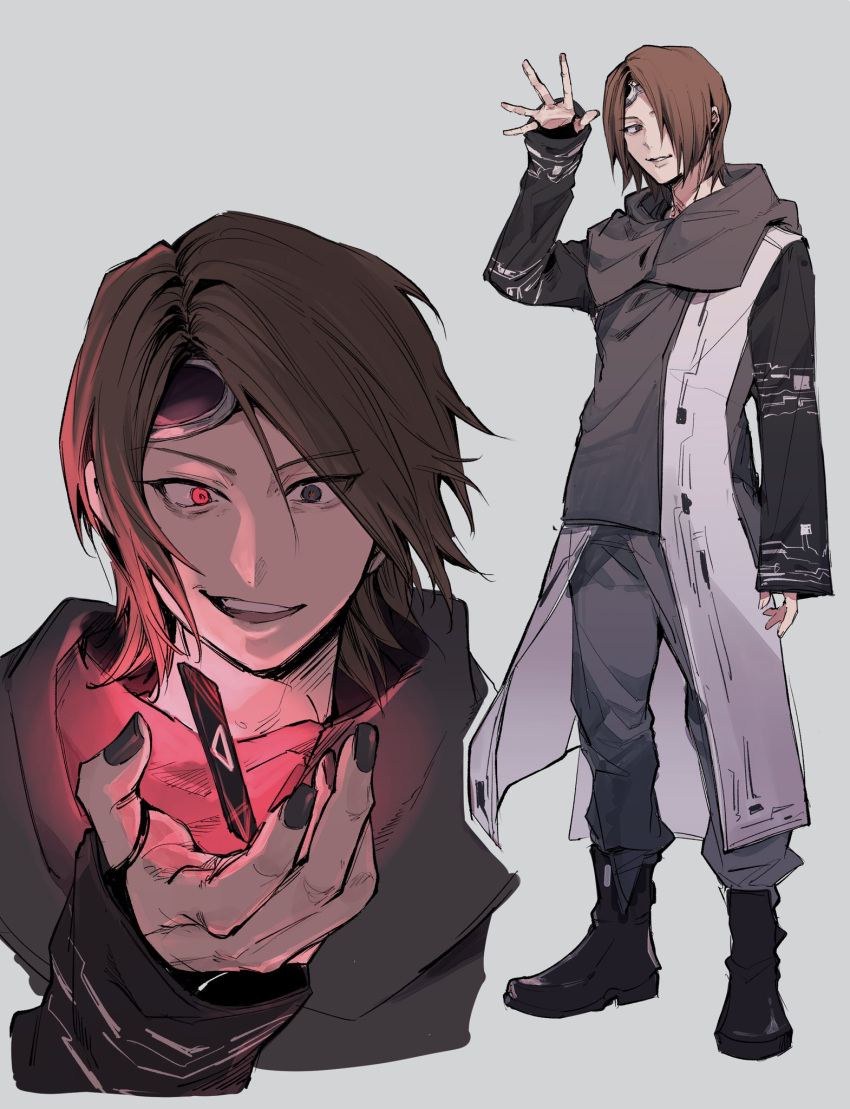 1boy, animification, black_footwear, black_jacket, black_nails, black_pants, boots, brown_eyes