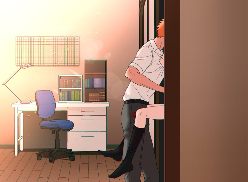 1boy, 1girl, assertive_female, backlighting, belt, black_belt, black_socks, bleach