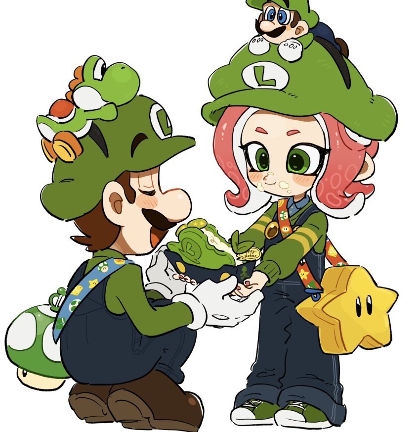 1boy, 1girl, bag, blue_overalls, blue_shirt, blush_stickers, brown_footwear, brown_hair
