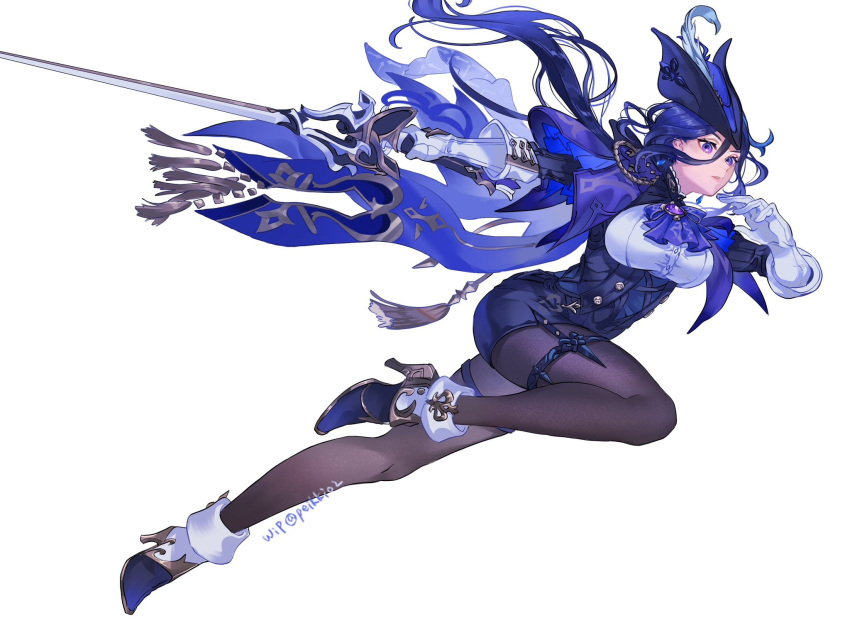 1girl, absolution_(genshin_impact), black_pantyhose, blue_hair, breasts, clorinde_(genshin_impact), corset, genshin_impact