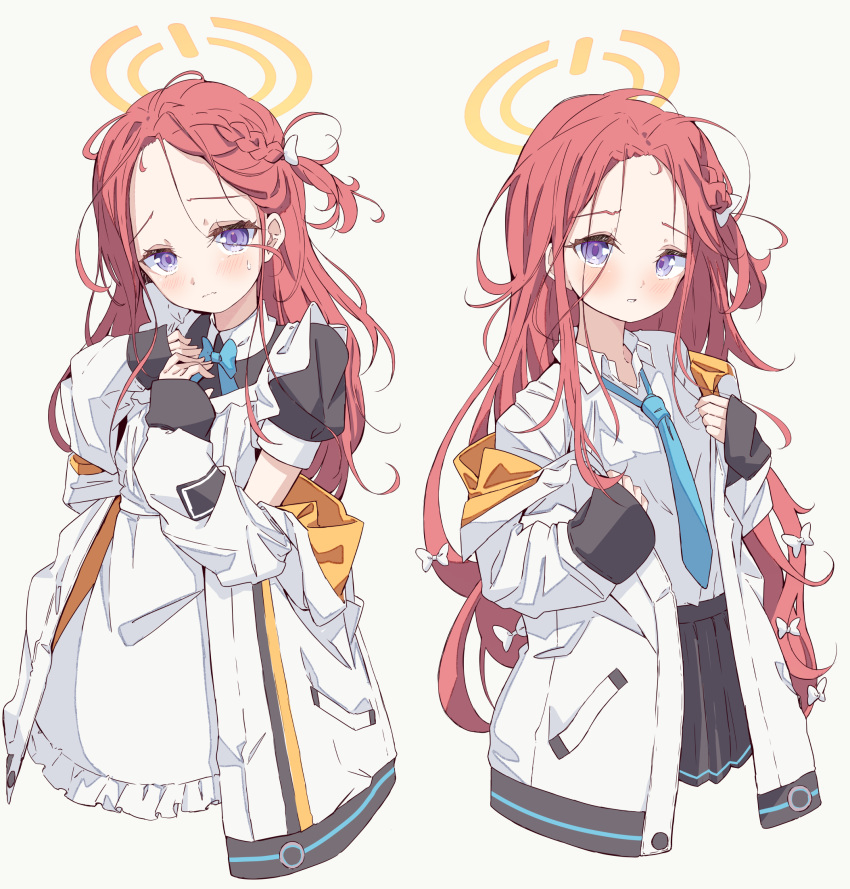 1girl, adapted_costume, apron, black_dress, blue_archive, blue_necktie, blush, closed_mouth