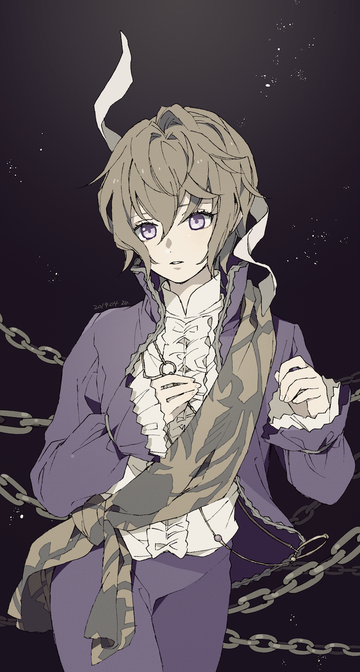 1boy, bishounen, chain, emil_(human)_(nier), expressionless, frilled_shirt, frills, highres