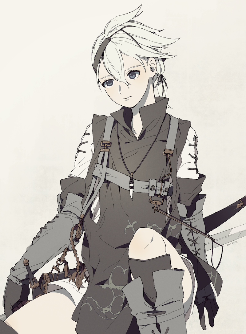 1boy, black_eyes, boots, expressionless, gloves, grey_hair, jacket, jewelry