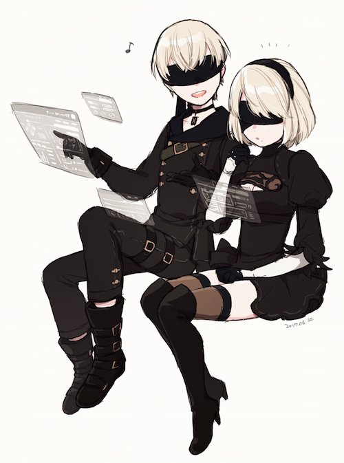 1boy, 1girl, 2b_(nier:automata), 9s_(nier:automata), black_blindfold, black_dress, black_jacket, blindfold, boots, commentary_request, covered_eyes, dress, full_body, grey_hair, holographic_interface, jacket, malt_40, nier:automata, nier_(series), open_mouth, short_hair, simple_background, smile