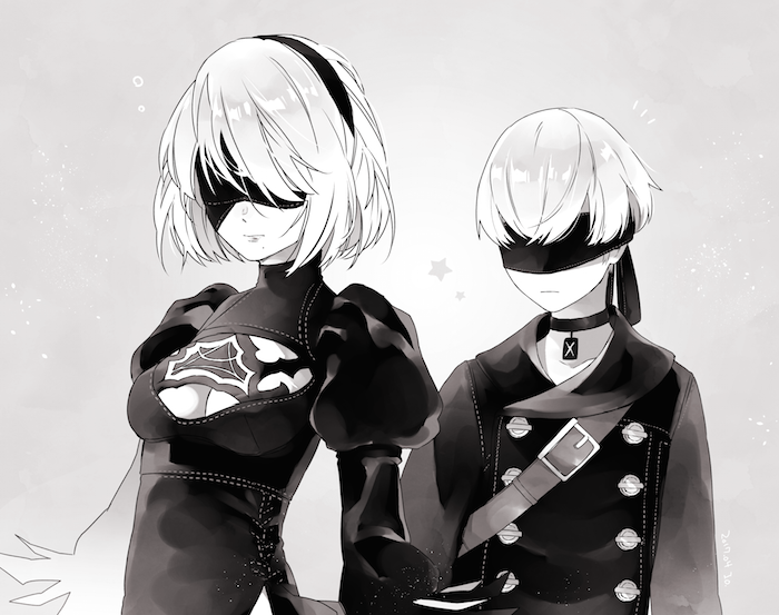 1boy, 1girl, 2b_(nier:automata), 9s_(nier:automata), blindfold, breasts, choker, commentary_request, covered_eyes, dress, greyscale, jacket, malt_40, monochrome, nier:automata, nier_(series), short_hair, small_breasts, upper_body