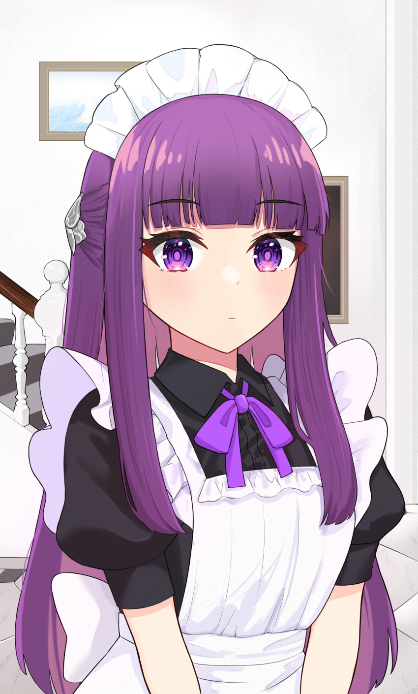1girl, absurdres, alternate_costume, apron, black_shirt, blunt_bangs, collared_shirt, expressionless