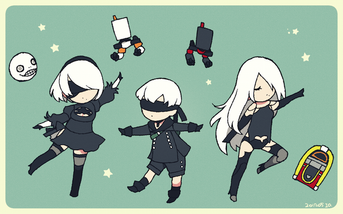 1boy, 2b_(nier:automata), 2girls, 9s_(nier:automata), a2_(nier:automata), black_blindfold, blindfold, chibi, closed_eyes, covered_eyes, dress, emil_(nier), expressionless, full_body, jacket, jukebox, long_hair, malt_40, multiple_girls, nier:automata, nier_(series), pod_(nier:automata), short_hair, sketch, white_hair