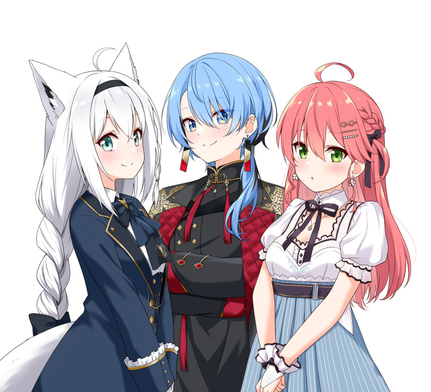 3girls, ahoge, animal_ear_fluff, animal_ears, aqua_eyes, ascot, black_bow, black_hairband