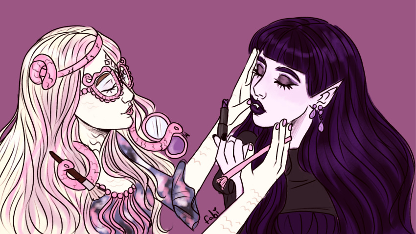 2girls, applying_makeup, black_hair, blonde_hair, closed_eyes, elissabat_(monster_high), highres, long_hair, looking_at_another, monster_high, multicolored_hair, multiple_girls, purple_hair, snake_girl, snake_hair, two-tone_hair, vampirade, vampire, viperine_gorgon