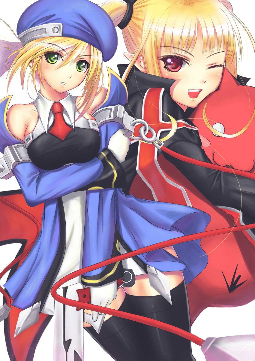 absurdres, bad_id, beret, blazblue, blonde_hair, blush, detached_sleeves, green_eyes, green_hair, gun, hat, highres, long_hair, multiple_girls, necktie, noel_vermillion, open_mouth, pointy_ears, rachel_alucard, red_eyes, short_hair, smile, sola_(artist), sola_(sola04), thigh-highs, thighhighs, vampire, weapon, wink