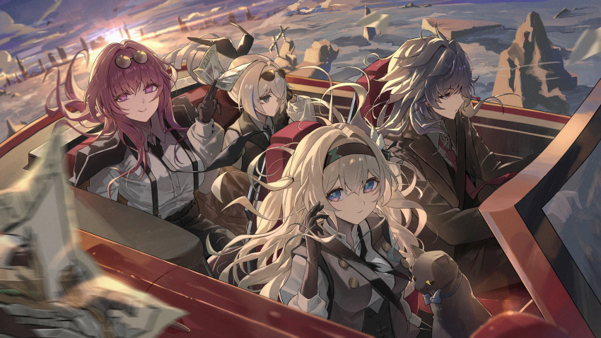 1boy, 3girls, absurdres, black_gloves, black_necktie, black_vest, blade_(honkai:_star_rail), blue_eyes