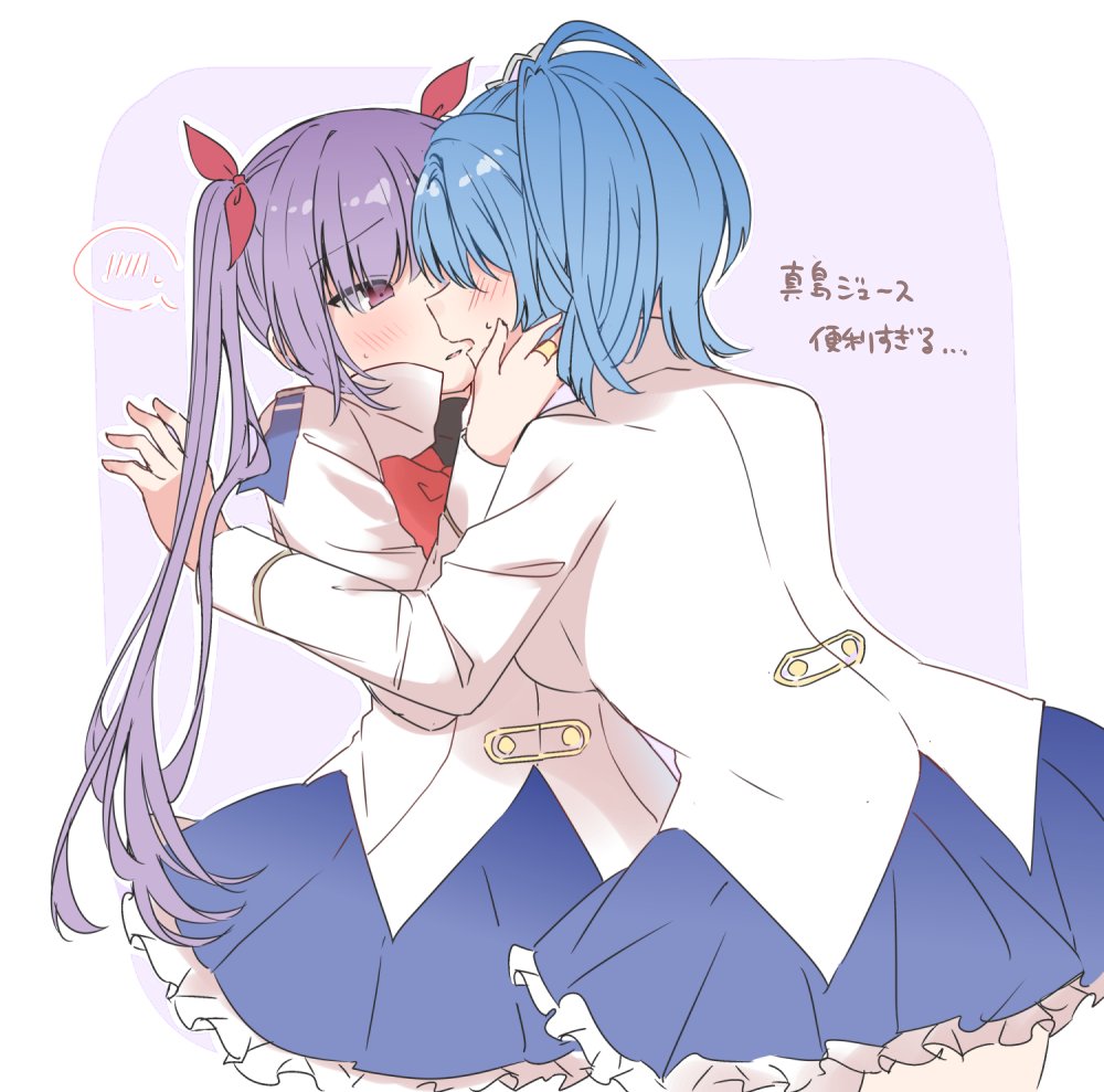 2girls, assault_lily, benini, blue_hair, blue_skirt, blush, border, bow