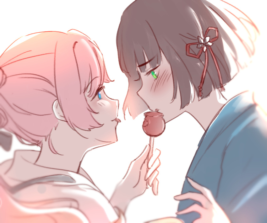 2girls, anyoji_hime, black_hair, black_ribbon, blue_eyes, blue_kimono, blunt_bangs, blunt_ends