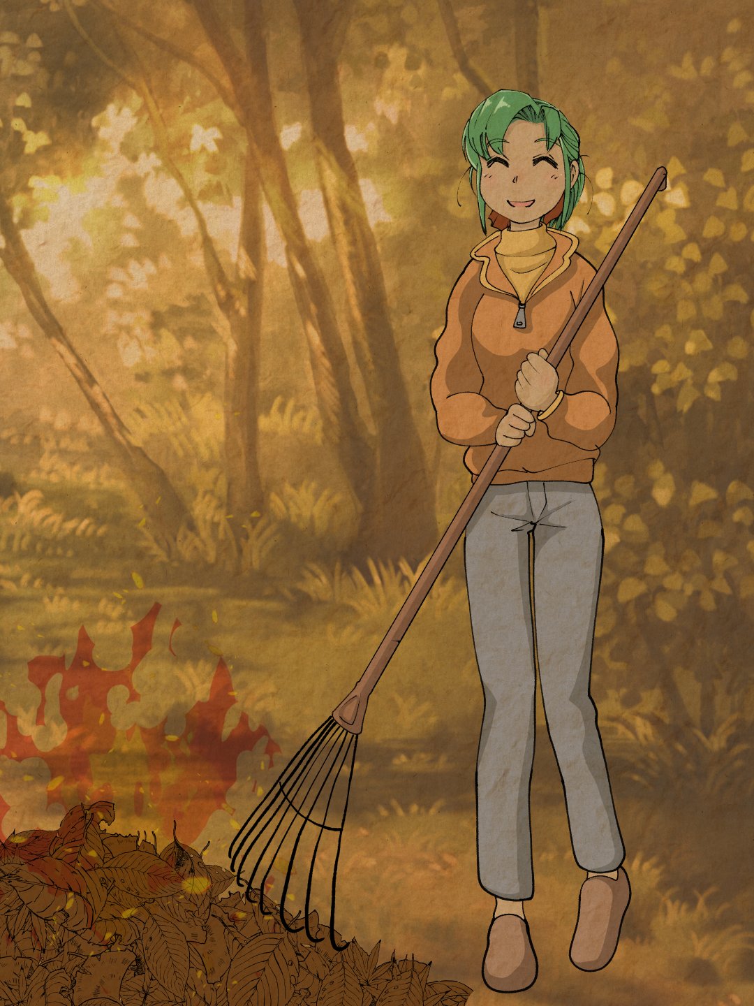 1girl, a-king, autumn, autumn_leaves, facing_viewer, full_body, grass, green_hair