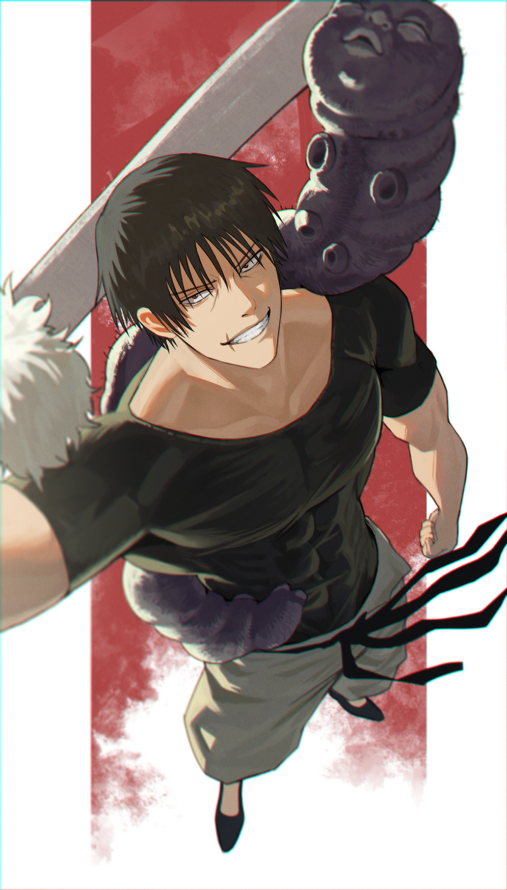 1boy, abs, belt, black_belt, black_cat207, black_eyes, black_footwear, black_hair, black_shirt, full_body, fushiguro_touji, grey_pants, grin, highres, holding, holding_sword, holding_weapon, jujutsu_kaisen, looking_at_viewer, monster, muscular, muscular_male, pants, red_background, shirt, shoes, smile, solo, sword, teeth, tight_clothes, tight_shirt, two-tone_background, weapon, white_background