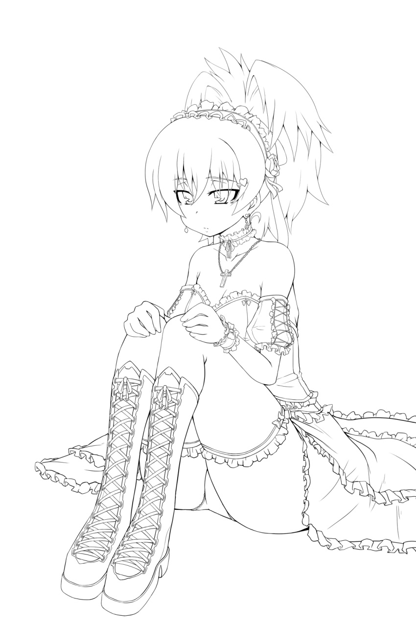 ????, boots, darker_than_black, dress, highres, kaname_nagi, long_hair, monochrome, ponytail, sitting, skirt, thigh-highs, thighhighs, yin, zettai_ryouiki