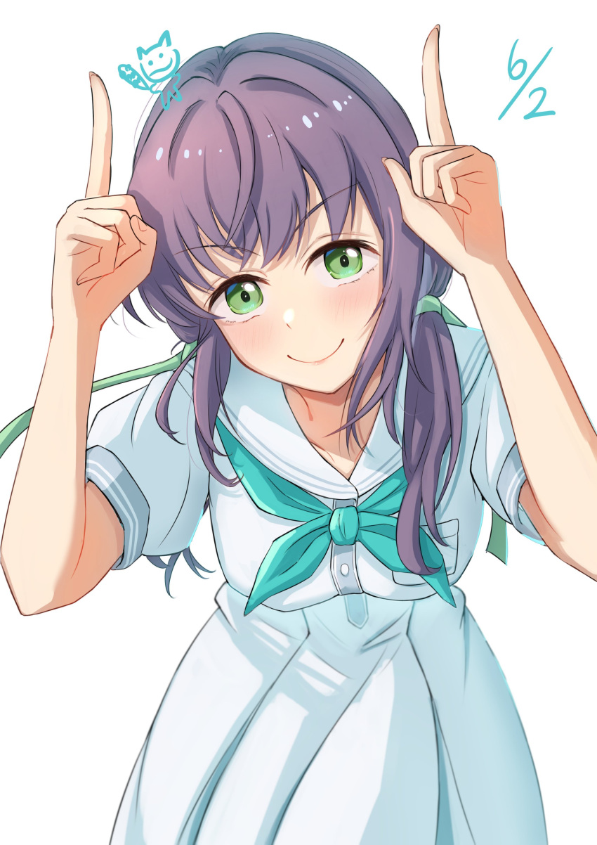 1girl, absurdres, aqua_neckerchief, blush, breasts, c:, closed_mouth, commentary_request
